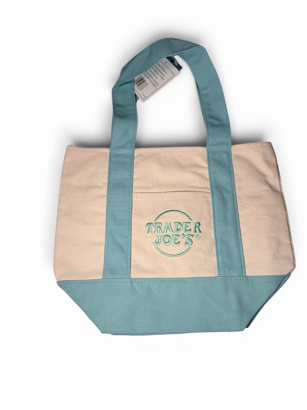 Trader Joe's Mini Pastel Canvas Tote Bag Light Blue Cream‎ Embroidered Logo NWT